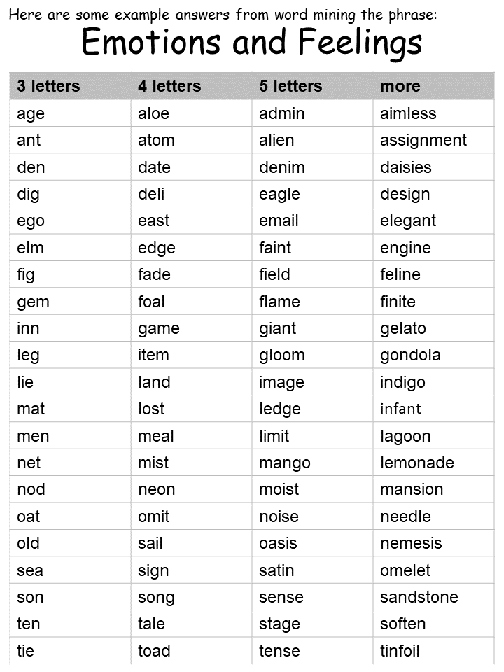 emotions wordmine worksheet